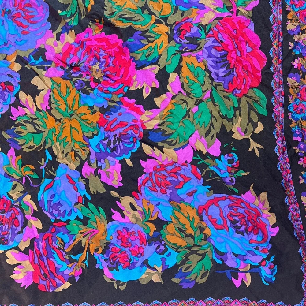 Vintage Floral Square Scarf Black Blue Pink Rose Print Large 34x34 Retro Shawl